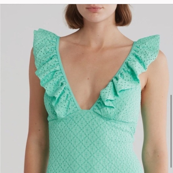 Betsey Johnson Biscay Green 1‎ piece Ruffle strap eyelet Swimsuit size large new - Picture 4 of 6